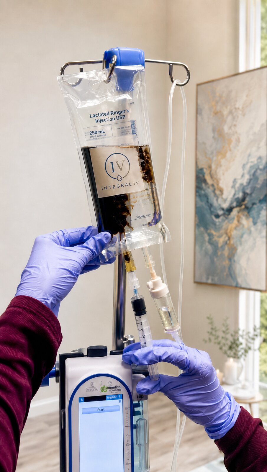 A Registered Nurse preparing an intravenous infusion at Integral IV in Duncan, BC