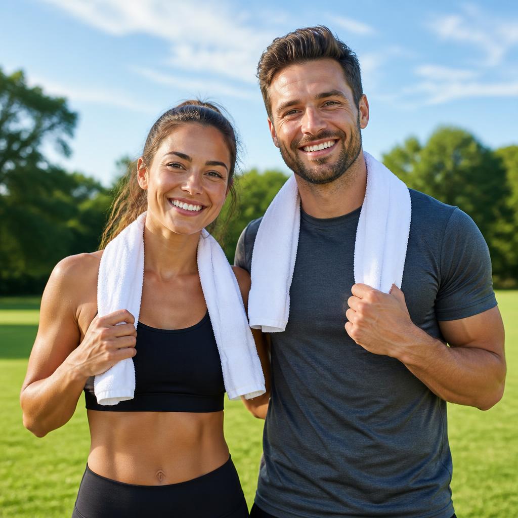 Woman and man outdoors after exercise with towels
