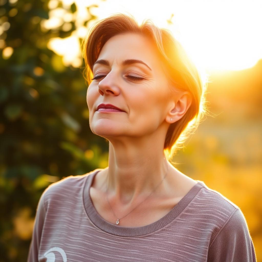 Woman standing outdoors at sunrise, calm and energized